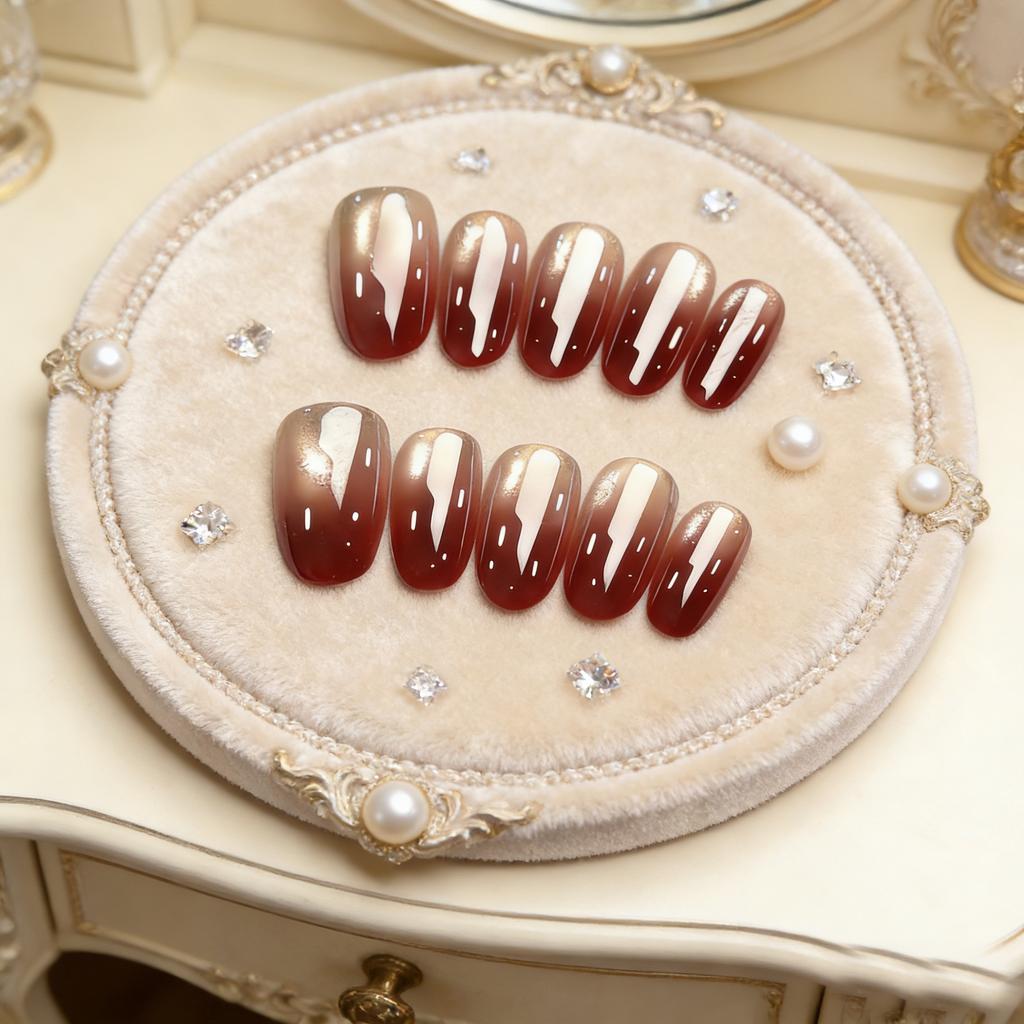 10pcs Red Pomegranate Cat Eye Glass Bead Handmade Short Oval Press On Nails Full Coverage Nail Tips For Women