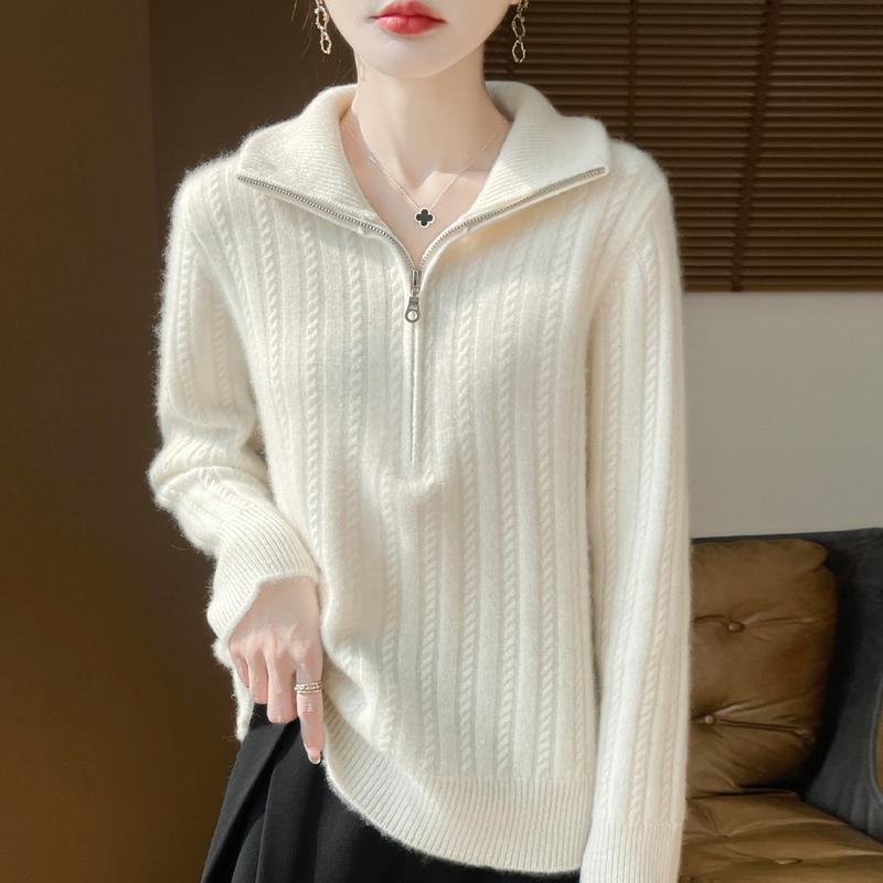 Women Sweater 100% Wool TIDENOVEL Turn-down Collar Knit Pullover Thick Winter Jumpers Female Knit Tops Zipper