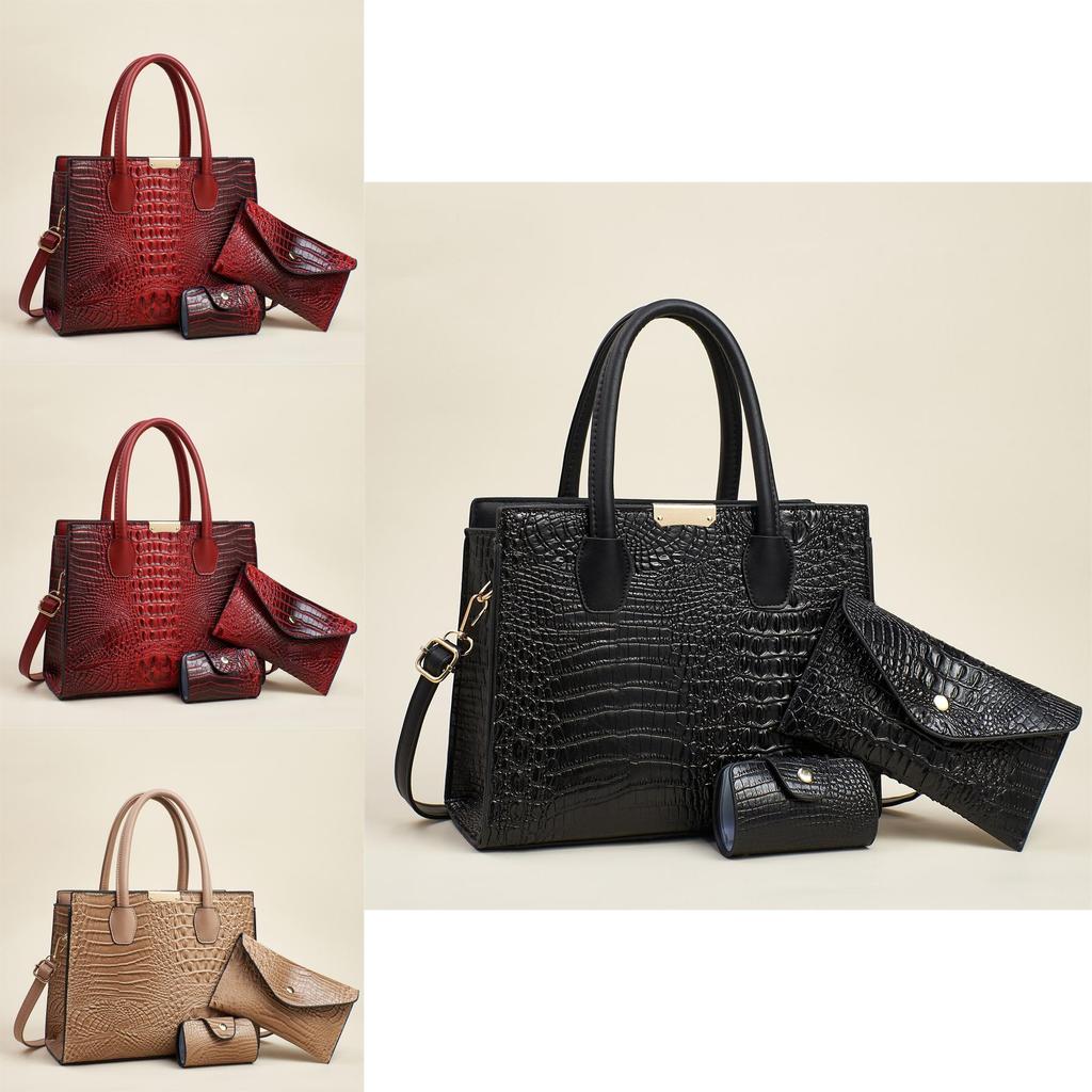 Fashion Solid Color Crocodile Texture Women Casual Shoulder Bag Three Piece Set For Daily Use And Office Commuting