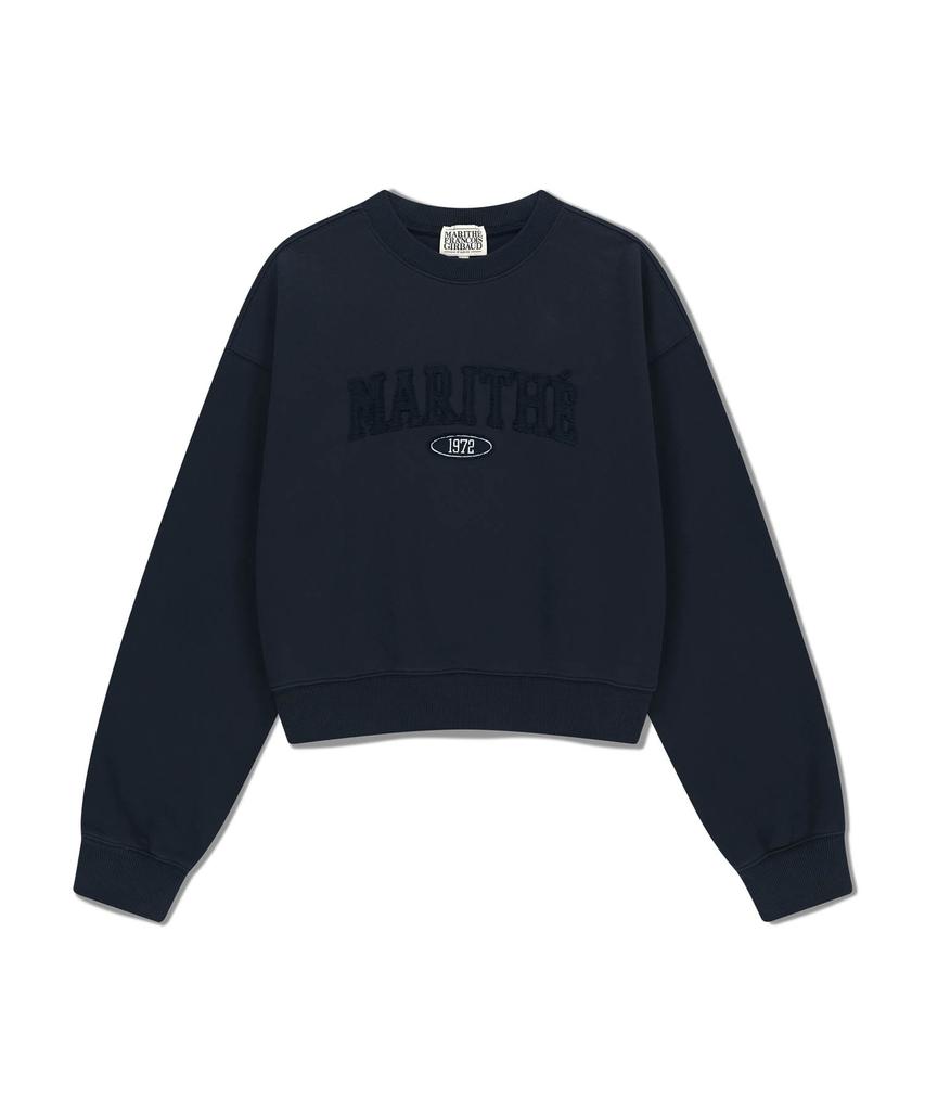 Malittepeulangsowajeobeo W Raw Edge Applique Logo Crop Sweatshirt Navy