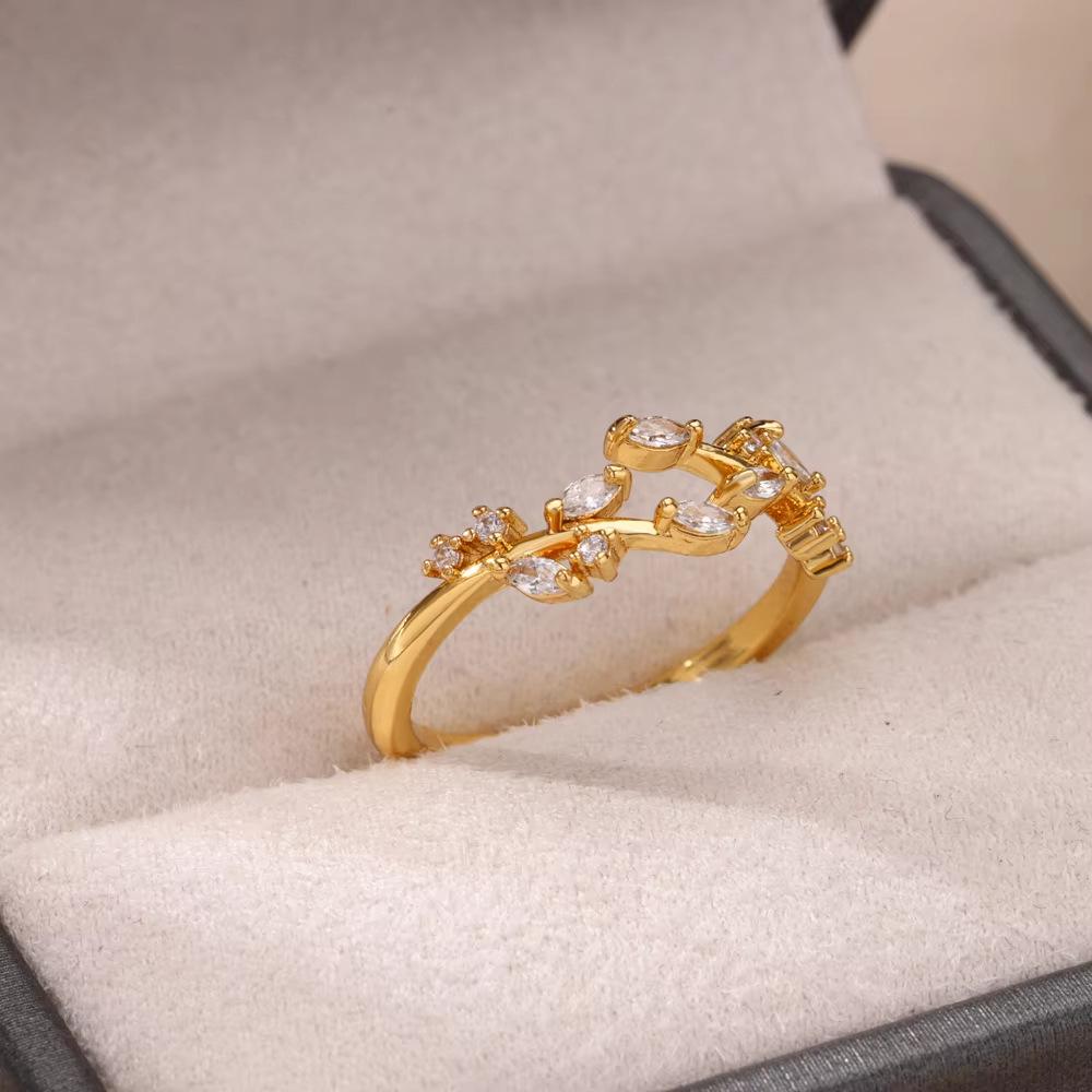 18K Gold Plated Open Ring with Zirconia Leaf Design - Luxurious, Non-Fading, Ideal for Women