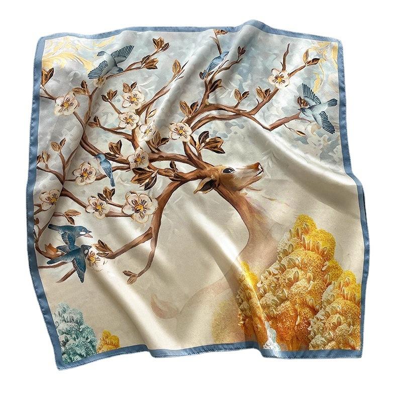 Korean version autumn and winter new printed silk small square scarf women's silk scarf decorative scarf warm scarf mulberry silk
