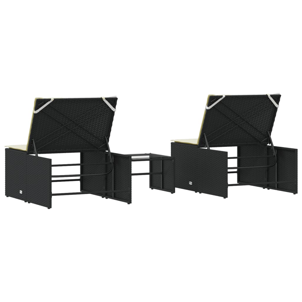 Modular Sun Loungers 2 pcs with Table Black Poly Rattan