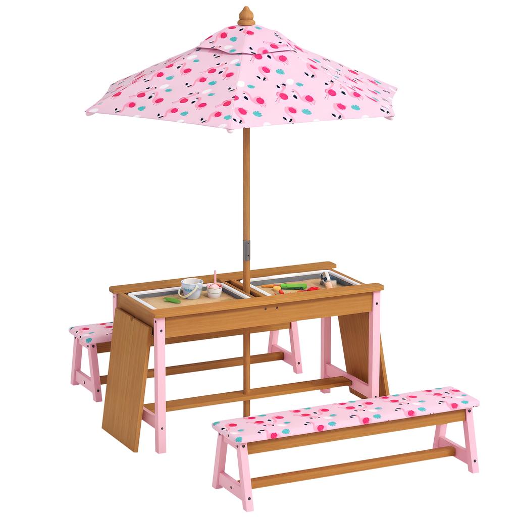 Kids Picnic Table Set with Removable & Foldable Umbrella, Storage Boxes, Flamingo Theme, Pink
