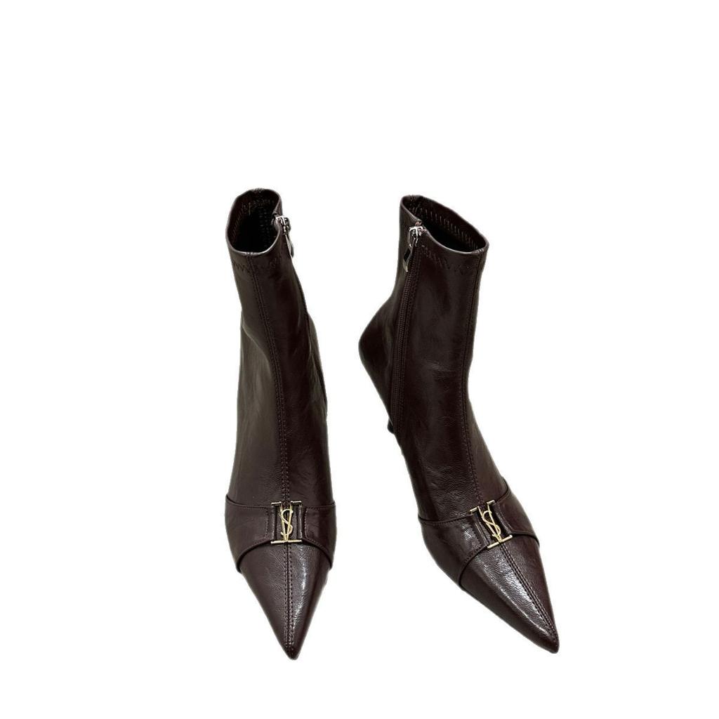 2025 autumn and winter new brown pointed metal buckle high heel thin boots women's soft leather short boots