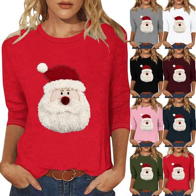 Damenmode Lässig Dreiviertelarm Weihnachtsprint Rundhals Oberteil
