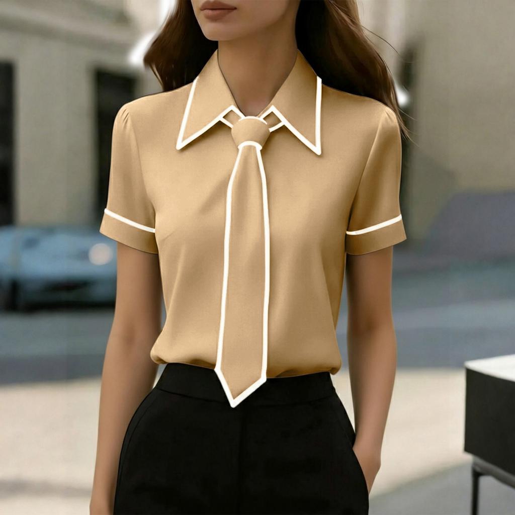 Womens Spring Tops Summer Shirts for Women Short Sleeve Office Blouse with Tie Womens Summer Tops Dressy Casual Style