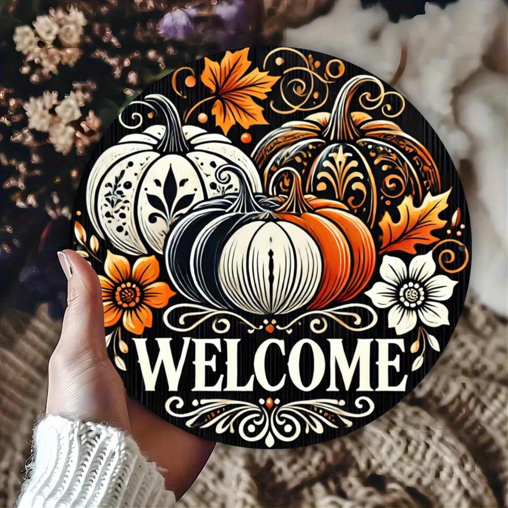 Pumpkin Wreath Aluminum Sign. Black & white striped decor for Halloween & Christmas.