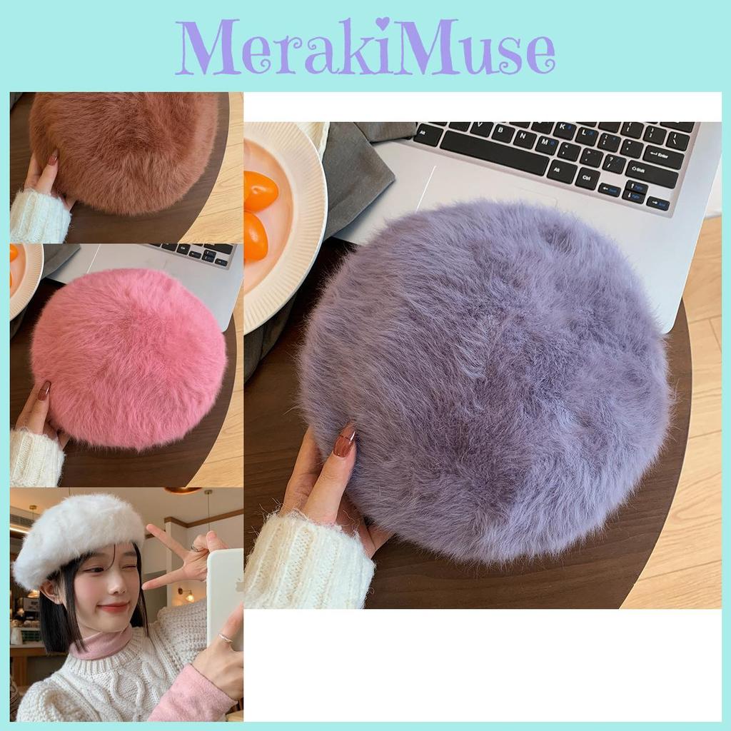 Rabbit White Elegant Fur Beret For Women Cozy Winter Hat Fashionable Cap Painter