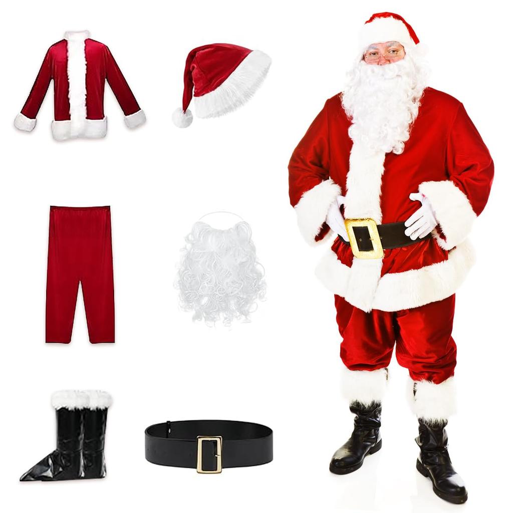 SYitong Santa Claus Costume for Adults, Includes Santa Cosplay Outfit and Shoe Covers, 6-Piece Set for Men and Women, Fun Christmas Costume (M)