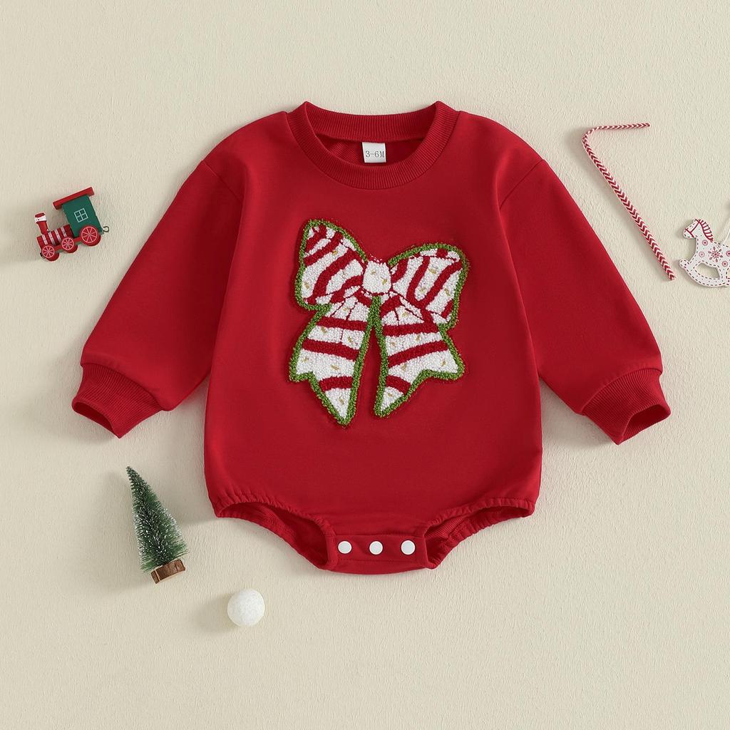 Christmas Baby Girl Red Romper - Cartoon Bow & Embroidery, Long Sleeve.