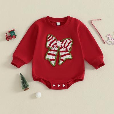 Christmas Baby Girl Red Romper - Cartoon Bow & Embroidery, Long Sleeve.
