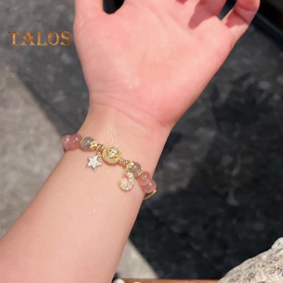 Women Bracelet Smooth Bead Polished Star Moon Pendant Rhinestone Adjustable Shopping Work Party Dating Wrist Chain Lady Jewelry