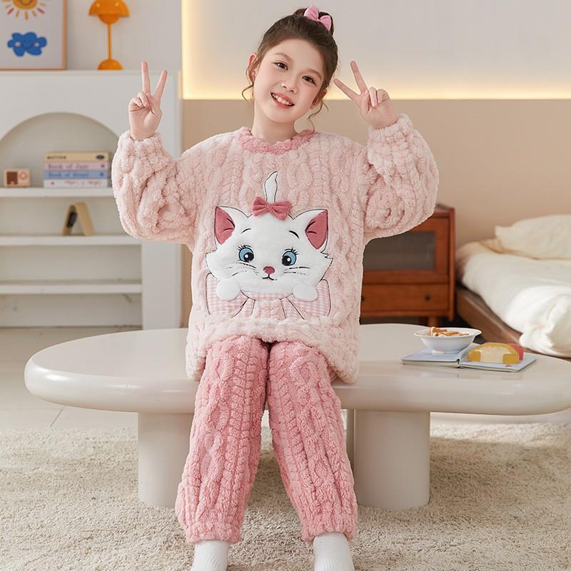 Girls Winter Warm Coral Fleece Pajama Set Long Sleeve Cartoon Print Kids Home Wear Sleepwear Ages 8