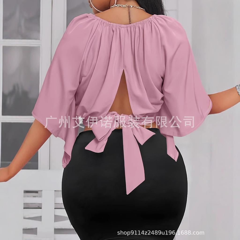 Spot Solid Color Irregular Mid-Sleeve Tie-Up Short Elegant Women's Top