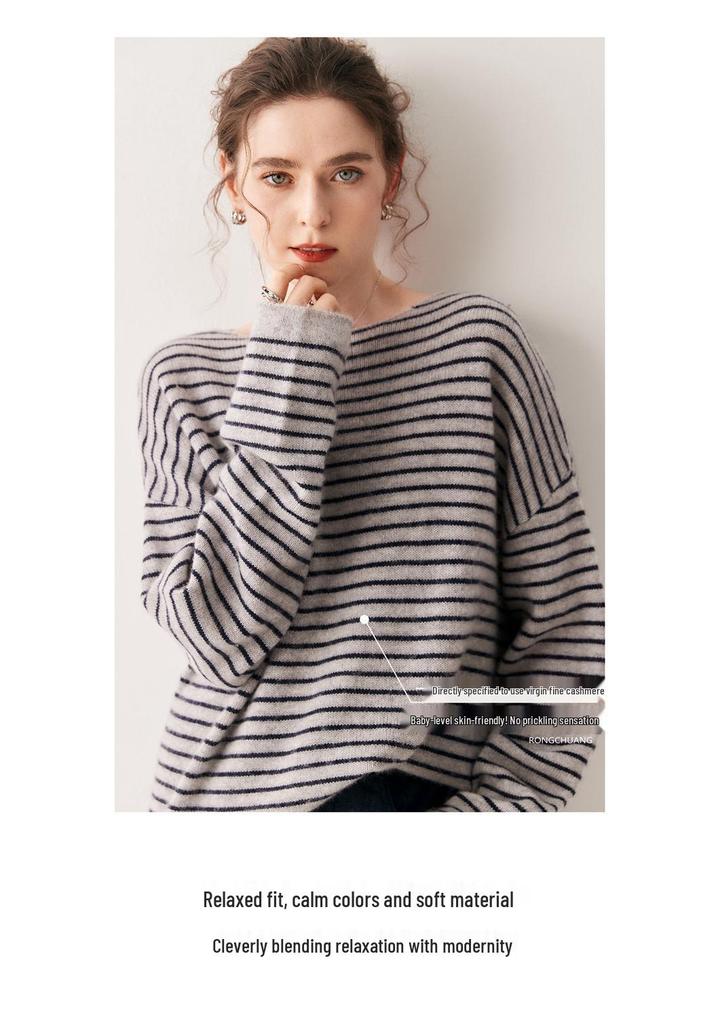 One-Shoulder Oversized Striped Cashmere Sweater for Women - Korean Fashion Style