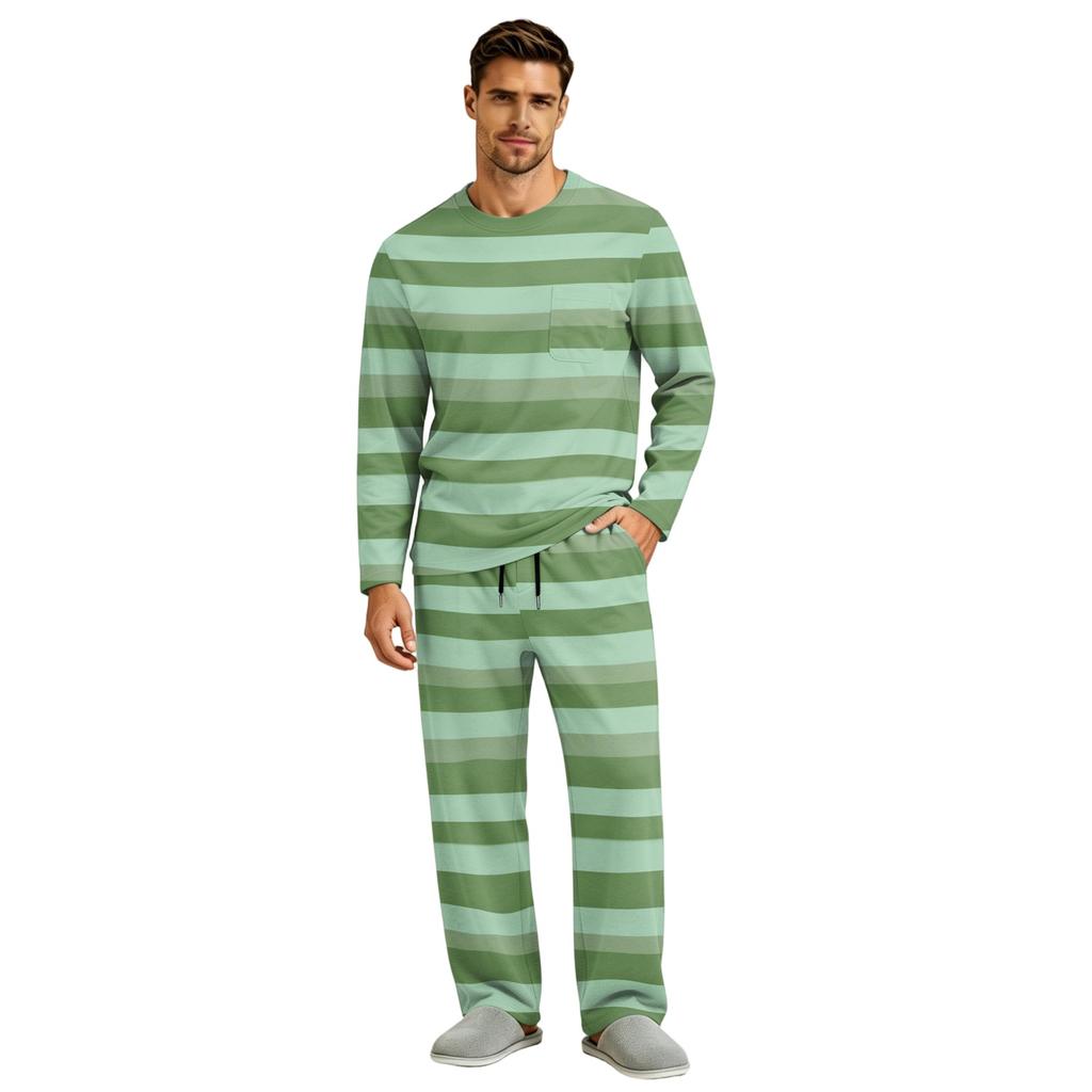 Men's Long Sleeve Pajama Set with Button Crotch and Elastic Drawstring Waist Pants for Home Loungewear