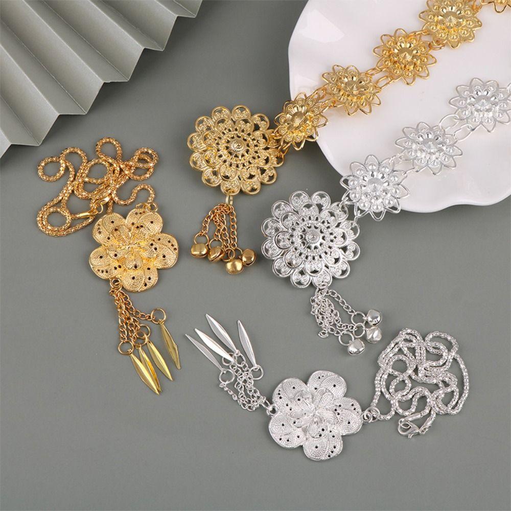 Silver Ethnic Style Belt Bell Dance Dress Belt Chains Flower Metal Waist Chain  Festival Accessory