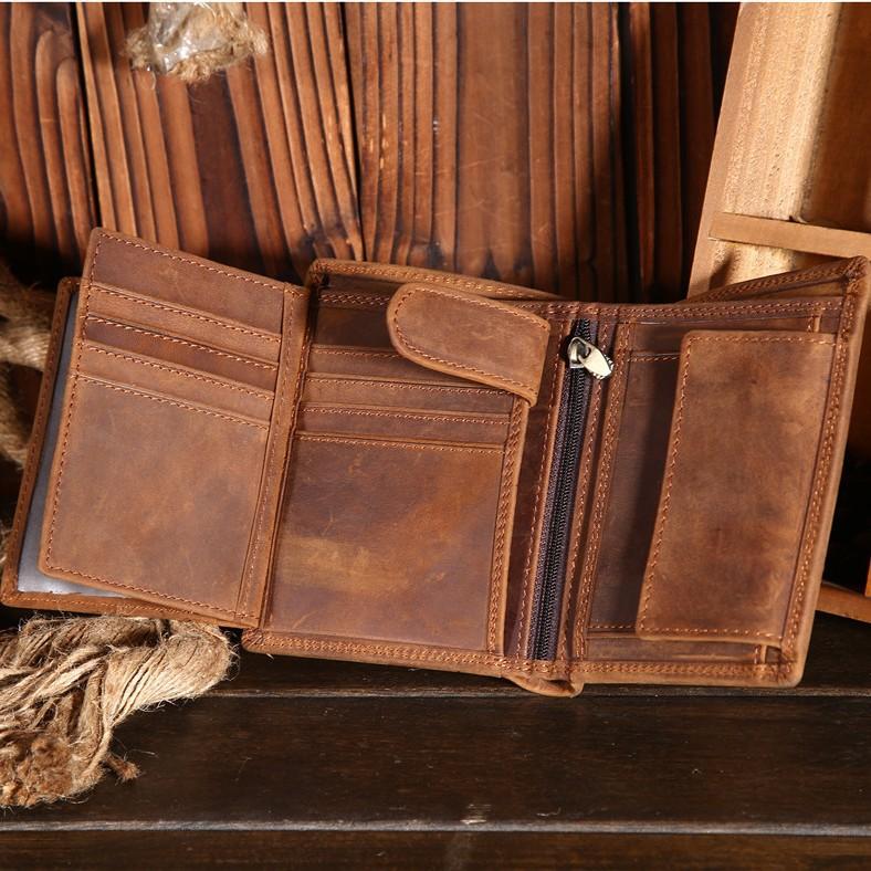 Men's Leather Vertical Wallet, Crazy Horse Wallet, Trendy Layer, Cowhide Wallet, Retro Style, Student Wallet