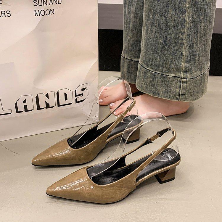 

2025 summer patent leather pointed head bag head sandals women s thick heel sexy high heels temperament empty commuting French single shoes 42