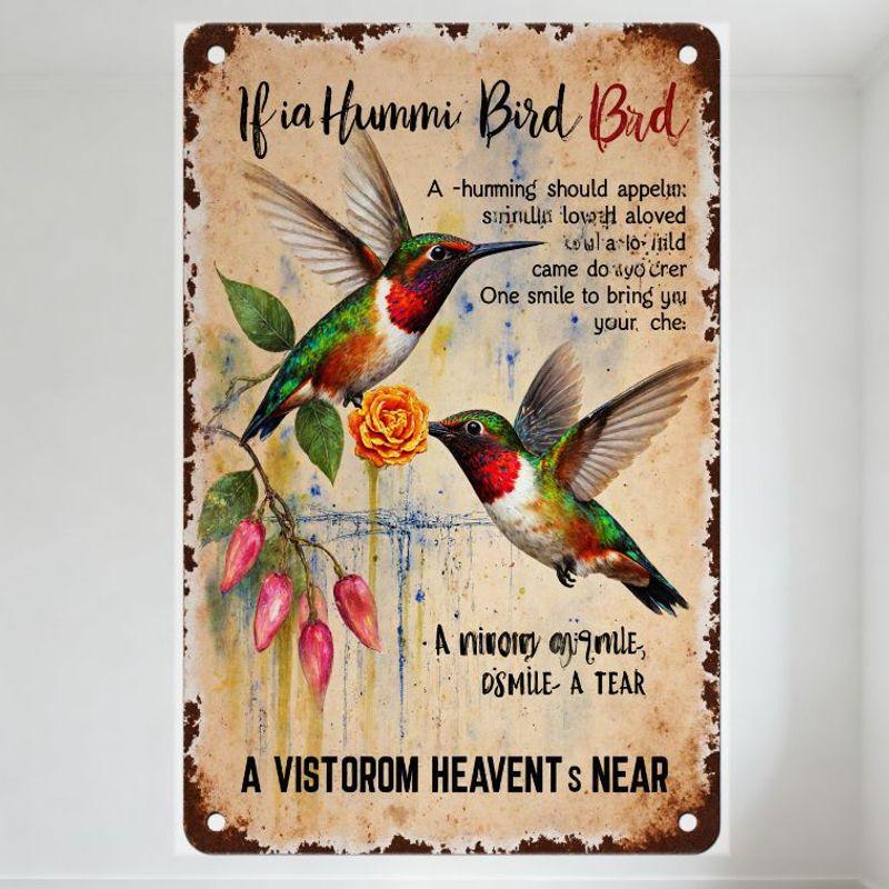 

Vintage Hummingbird Metal Tin Sign Distressed White Background with Brown Edges, Colorful Hummingbirds & Floral Decor, Whimsical 20x30cm（7.8x11.8inch）