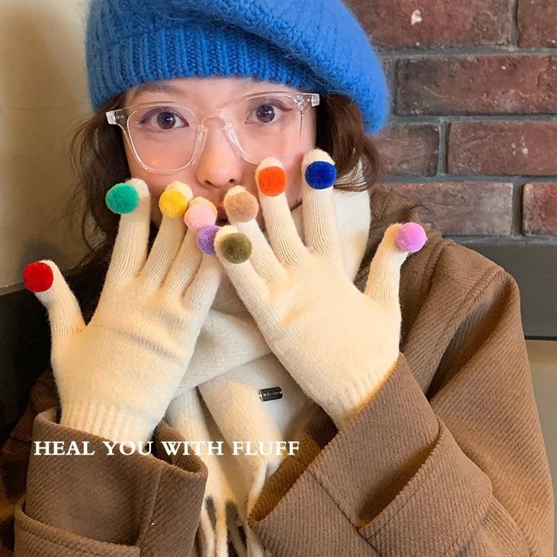 Cartoon Thermal Gloves Women Winter Thickened Cute Couple Student Cold Knitted Wool Riding Five Fingers