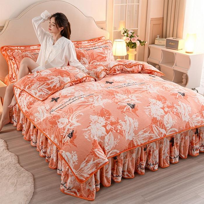 Thickened Milk Fleece Four-Piece Warm Double-Sided Coral Fleece Quilt Cover Flannel Sheet Bed Skirt Bedding