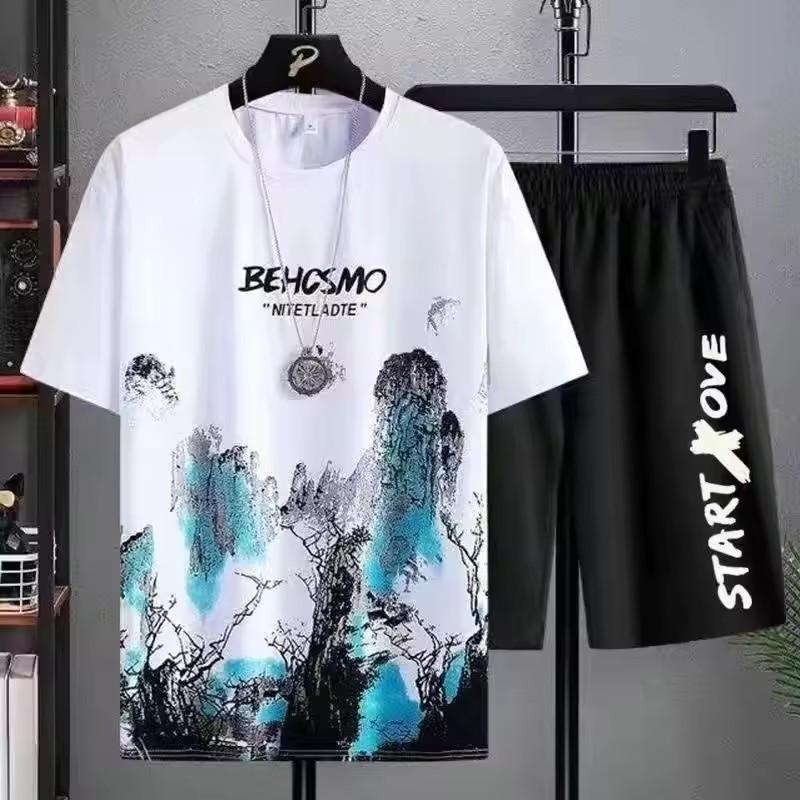Men's New Summer Suit Casual Splicing Round Neck Half Sleeve Sports Plus Size Men's Clothing
