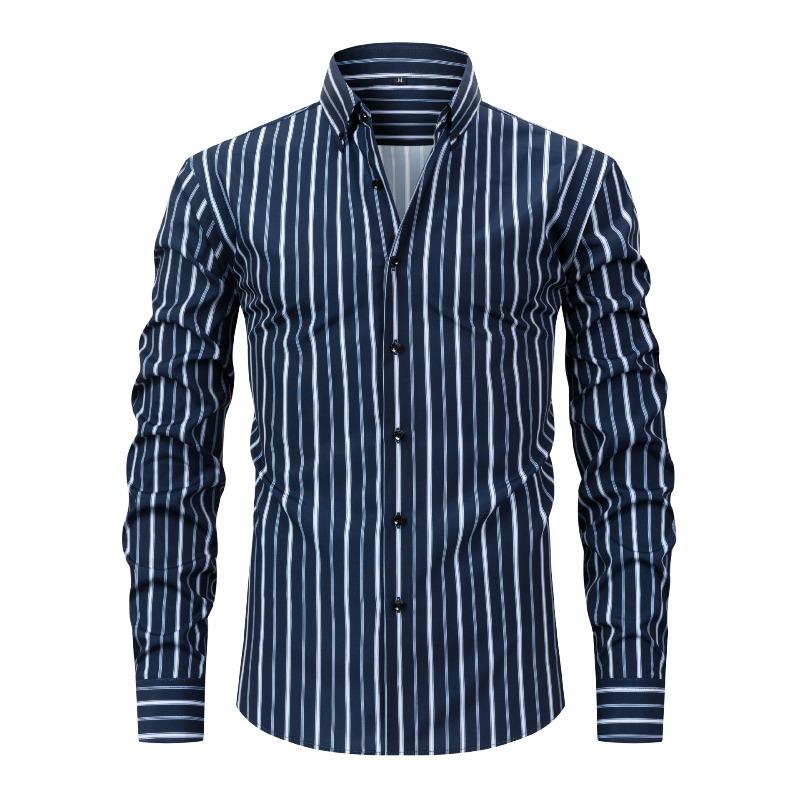 Men's High-Grade 4-Way Stretch Digital Print Striped Long Sleeve Shirt, Turn-down Collar Men Shirt Wholesale