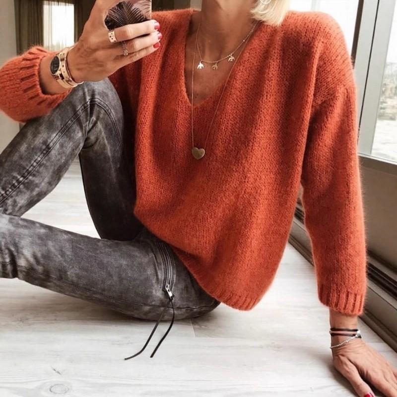 Damen Übergroßer V-Ausschnitt Drop Shoulder Pullover Lockerer Freizeit Strickpullover Mode
