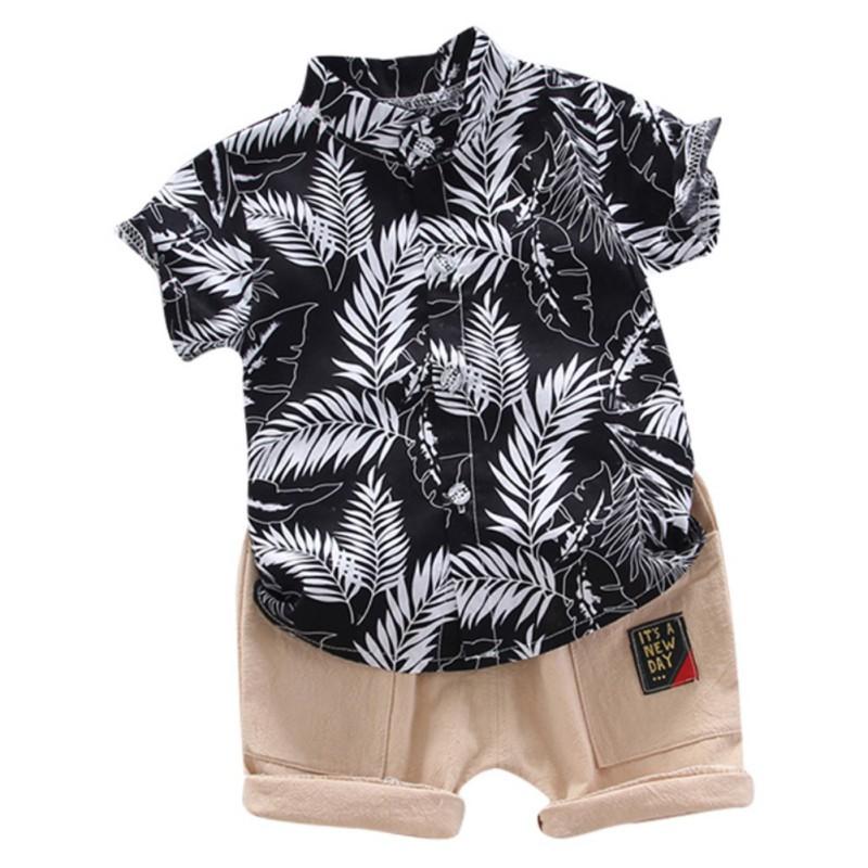 Sommer Barn Baby Gutter Kortermet Løv Mønster T-skjorte Bluse+Shorts Uformelle antrekk sett