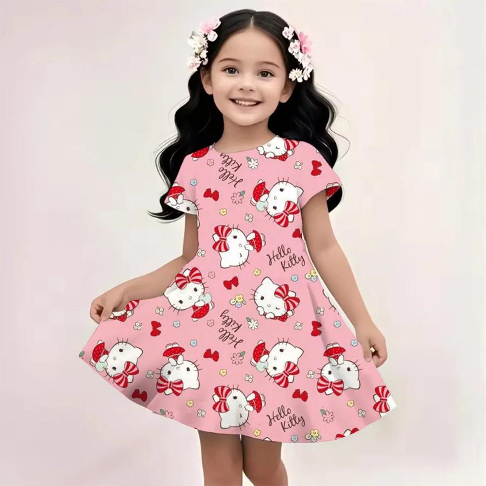 Sanrio New Summer Girls Dress Hello Kitty 3D Printed Fashionable Cartoon Cute Princess Girls Clothes Skirt Party Boys Kitty Cat