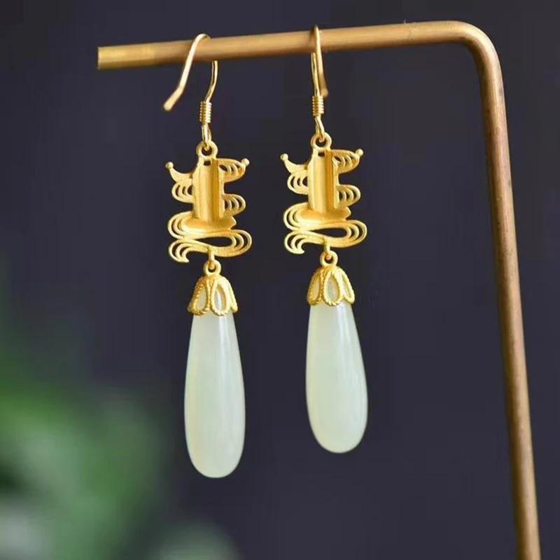 Originale neue alte Goldschmiedekunst natürliche Hetian-Jade Tropfenohrringe chinesischer Stil Retro-Charme Damen Markenschmuck