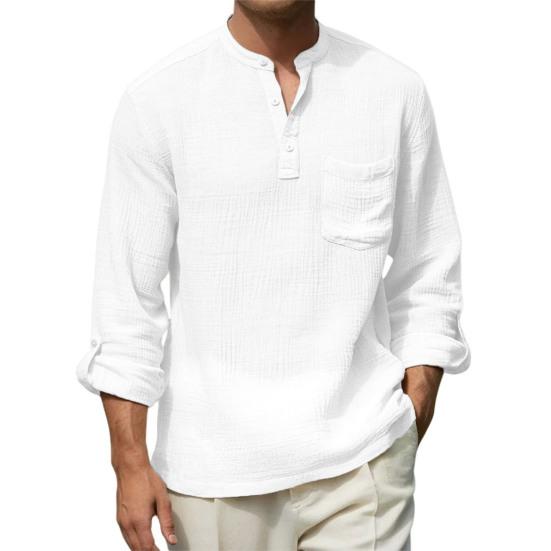 Chemise en Coton et Lin pour Homme à Manches Longues et Col Mao avec Poche sur la Poitrine Couleur Unie Chemise Décontractée de Vacances pour Voyage Été Plage Vacances Usage Quotidien