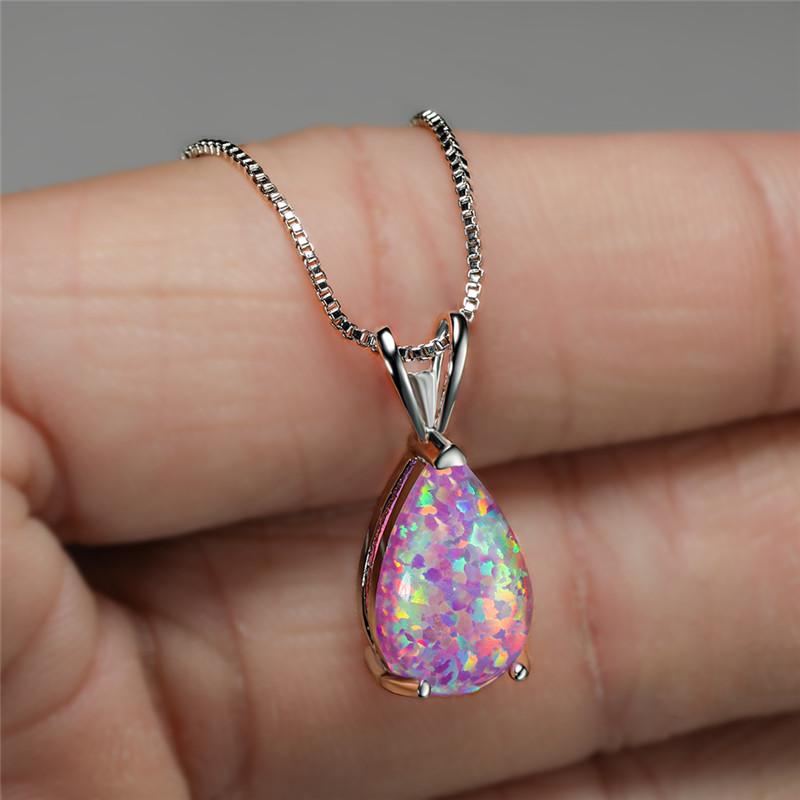 Boho Female Small Blue Green Opal Water Drop Pendant Necklace Silver Color Wedding  For Women