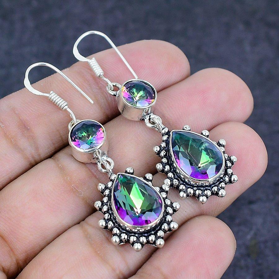 Natural Mystic Rainbow Topaz Gemstone 925 Sterling Silver Earring 2.05" c4j51