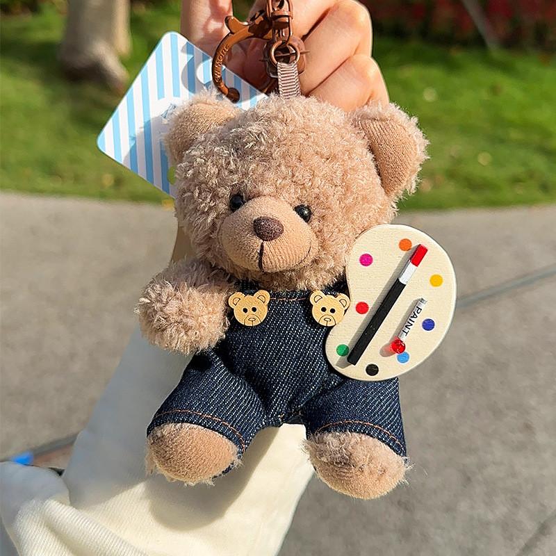 Jinnew Playful Brown Bear Painter Plush Keychain Fun Cartoon Decoration Bags For