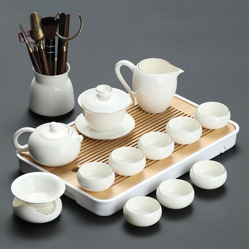 Goat Jade White Porcelain Kung Fu Tea Set Home Brewing Teapot Covered Bowl Chinese Light Luxury Brewing Tea Cup Office Guests