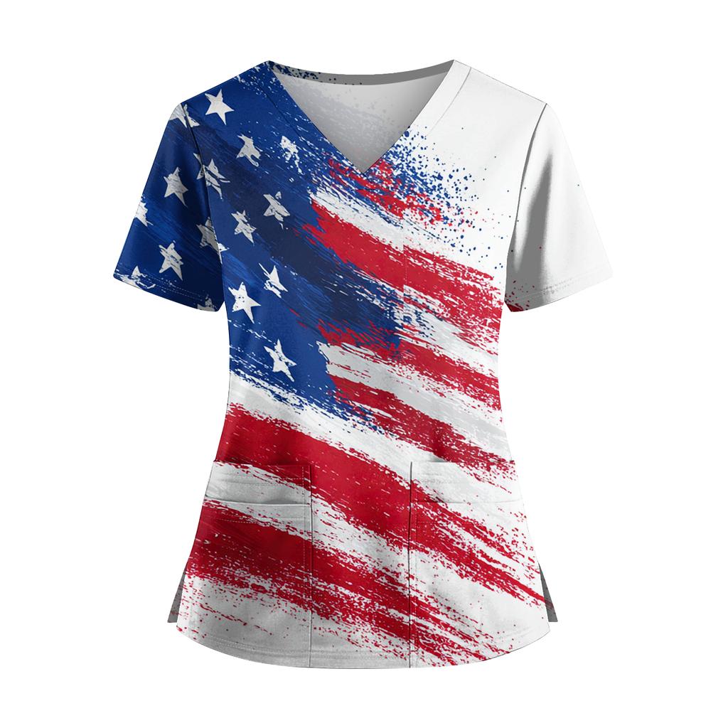 Women's Independence Day Print V-Neck Double Pocket Short Sleeve Uniform with Slit Hem - Caregiver Top