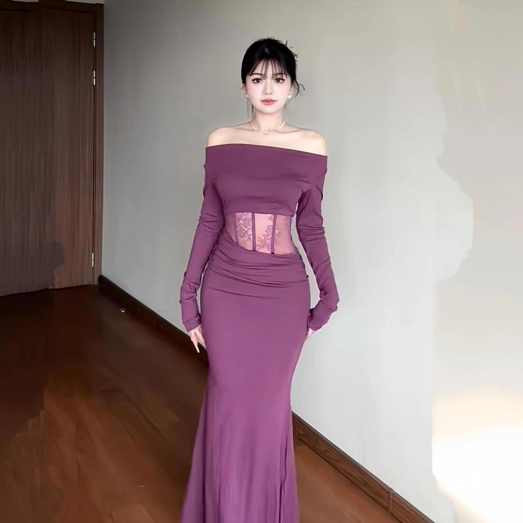 Women's Purple Patchwork Draped Long-Sleeve Bodycon Dress with Mermaid Skirt