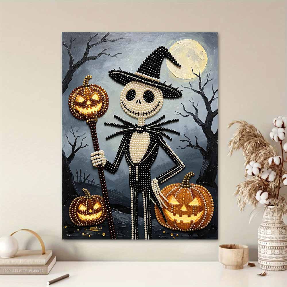 Frameless Pearl Bead Painting Kit Halloween Skeleton Pumpkin Design DIY Handmade Craft Canvas for Home Wall Decor Art Gift Ideas