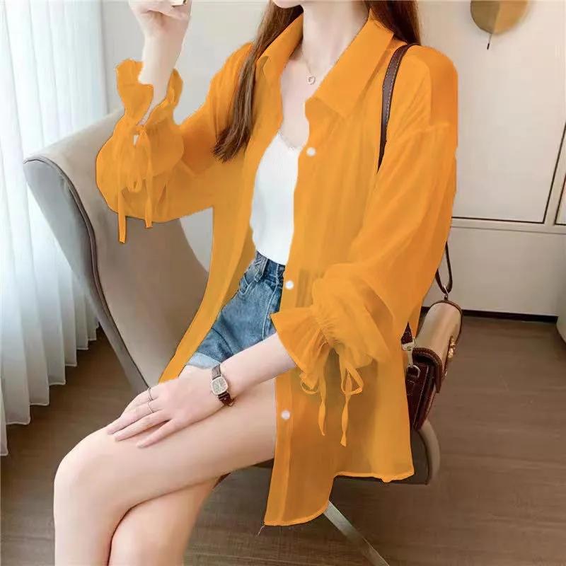 Women Thin Shirts Summer Perspective Solid Korean Sun Shirt Long Sleeve Fashion Korean Ladies Top Sunscreen Clothing