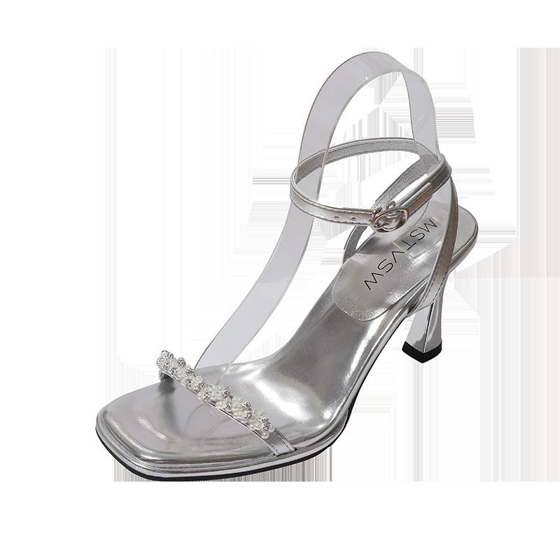 Hand-sewn Rhinestones with Women's Sandals Super Fire 2025 Summer New Silver High Heels Stiletto Sexy Open Toes