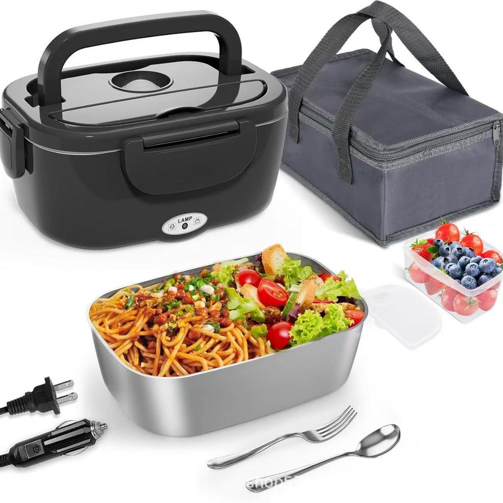 Portable 2-in-1 Electric Heating Lunch Box with Car Adapter, Stainless Steel & Plastic, Insulated for Home & Travel.