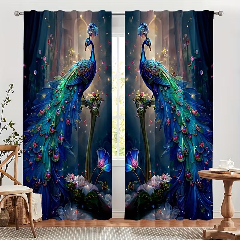 Peacock Patterned Curtains Blue Green Feathers Luxurious Style Living Room Bedroom Decoration Made Of Polyester With Pole Pocket Sitting Decor