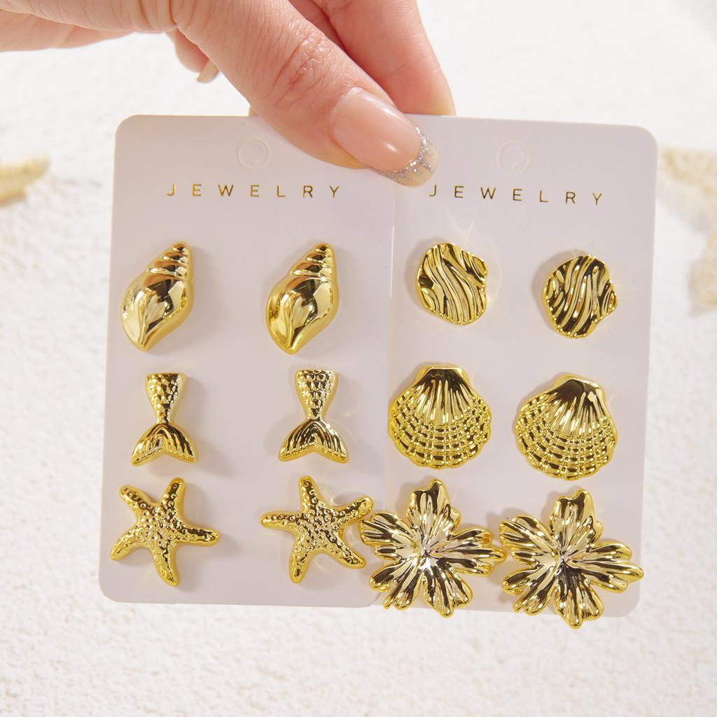 6pcs Gold Color Starfish Shell Stud Earrings Set for Women Ocean Series CCB Metal Textured Earring Boho Beach Party Jewelry