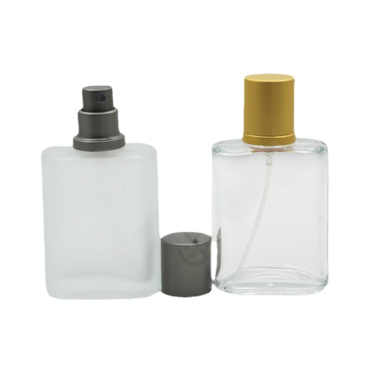 Frosted Glass Perfume Bottles 50ml, Gold & Silver-Gray Caps, Empty Packaging with Screw-top & Spray.