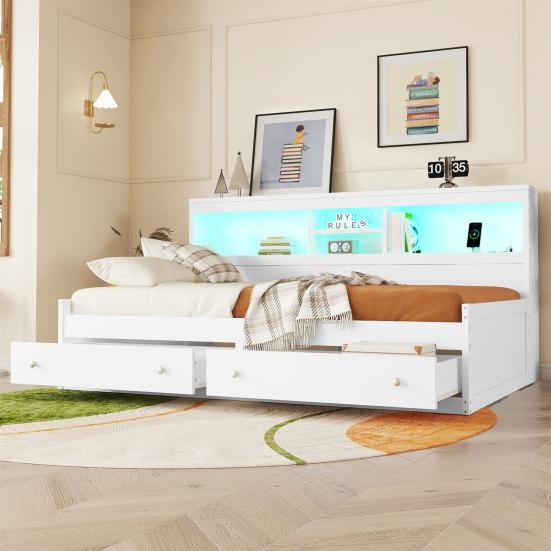 Double Bed High Durability Open Shelves Ambient Light Design Good Load Capacity Built-in Charger Heavy Duty Bedroom Sofa Bed with Drawers for