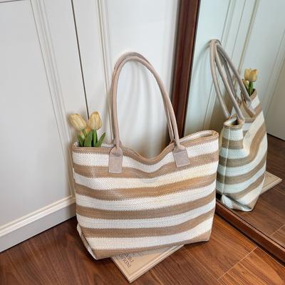 Große Kapazität Mode Strohtasche Damen Streifen Kontrastfarbe Resort Strandtasche Temperament Pendler Tragbare Umhängetasche