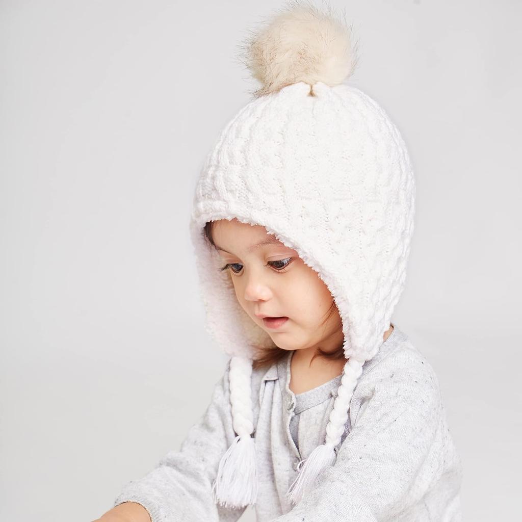LANGZHEN Cute Style Jacquard Technique Toddler Kids Infant Winter Hat Earflap Knit Warm Cap Fleece Lined Beanie Button Baby